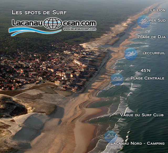 Localisation des différents spots de surf de Lacanau Océan